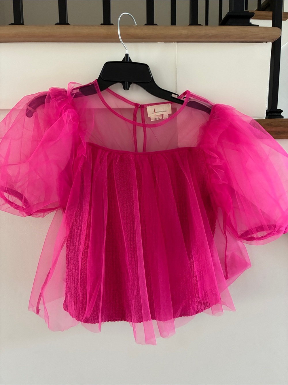 By Anthropologie Hot Pink Sheer Puff Sleeve Top